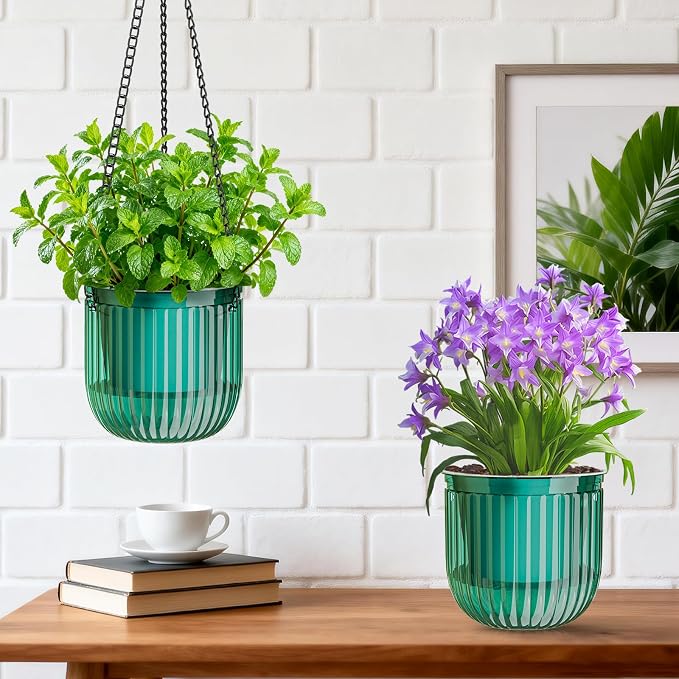 Halatool 2 Pack 6.5 Inch Self-Watering Hanging Planters for Plants, Indoor Hanging Flower Pots for Garden Home Wall Decor, Green