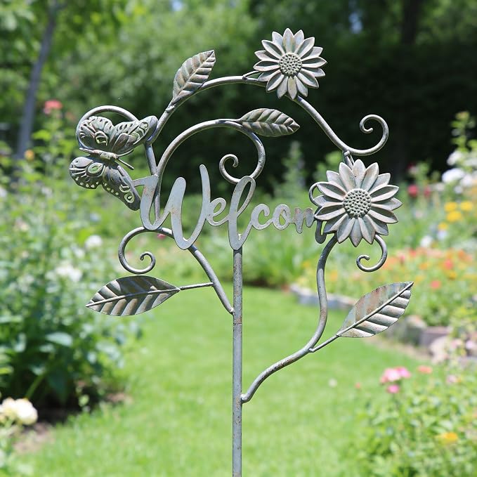 Decorative Garden Stakes with Welcome Sign,Metal Garden Stakes Yard Decor | 56"H Metal Flower Outdoor Yard Decoration,Lawn and Flower Bed Outdoor Garden Decor