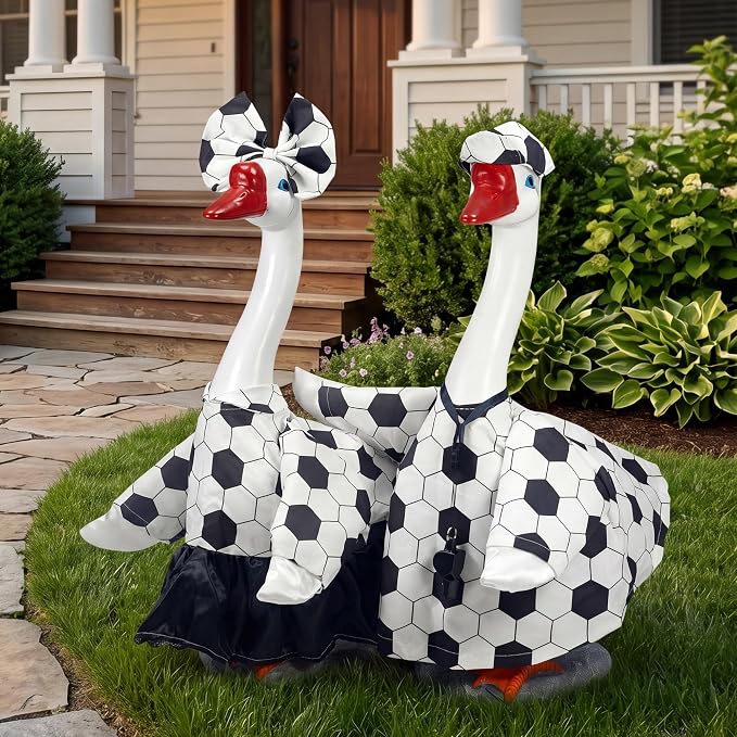 20" Large Porch Goose Statue + 2 Set Soccer Goose Outfits, Outdoor Statue, Football Match Decorations, Weather Resistant Yard Decor for World Cup Game Day Decor, Soccer Fan Gift
