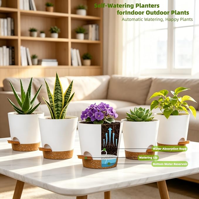 12 Pack 4 Inch African Violet Pots Self Watering, Self-Watering Planters with Drainage Holes & Reservoir, White Brown Plastic Pots for Indoor Outdoor Plants, Succulents & Flowers