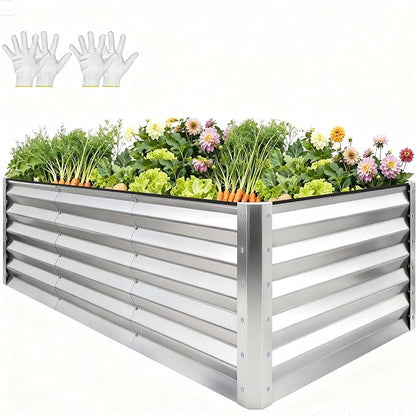 YITAHOME 8x4x3ft Large Raised Garden Bed Kit, Galvanized Metal Planter Box with Gloves, Support Rod & Safety Rubber, Outdoor Above Ground Planters for Plants Vegetables Flowers,Silver Gray