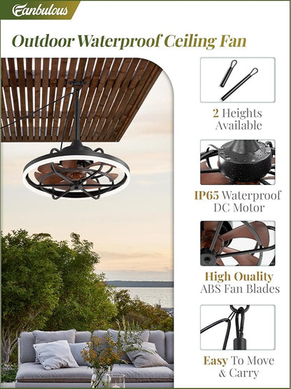 Fanbulous Outdoor Ceiling Fans with Light for Patios, 20" Weatherproof Plug in Ceiling Fan, Gazebo Fan Remote&APP Control, 3CCT Dimmable,Caged Ceiling Fan with Hanging Hook for Porch, Pergola,Canopy