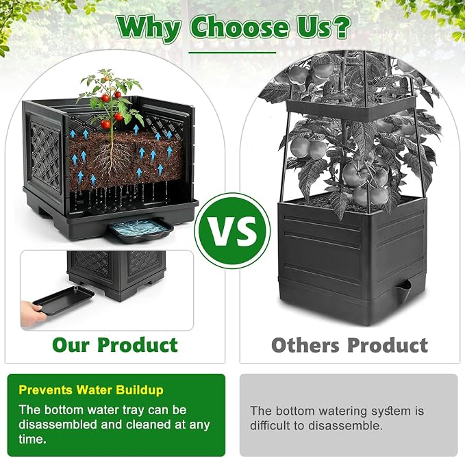 Tomato Planter with Wheels, 57" Self Watering Raised Garden Bed with Tomato Cage & Trellis for Light Climbing Plants, Cherry Tomatoes, Clematis, Herbs, Indoor & Outdoor Gardening for Patios, 1 Pack