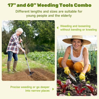 60" Weed Puller Tool with Long Handle and 17" Weeding Tools Gardening Set, Dual Side Hand Weed Rake and Hoe Garden Weeder, Weed Pulling Remover Tool for Yard, Patio, Lawn and Garden Planting (Black)