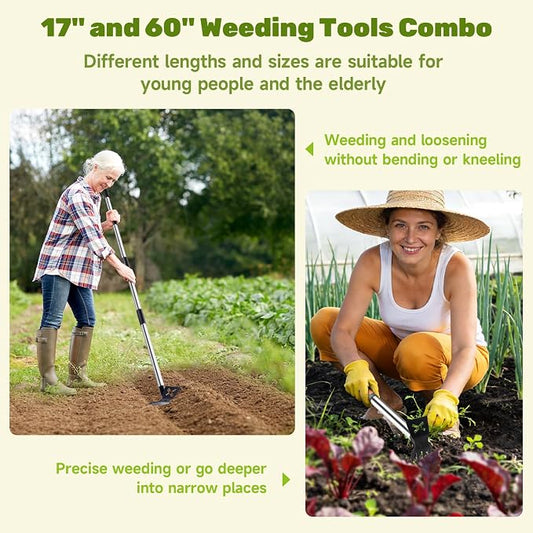 60" Weed Puller Tool with Long Handle and 17" Weeding Tools Gardening Set, Dual Side Hand Weed Rake and Hoe Garden Weeder, Weed Pulling Remover Tool for Yard, Patio, Lawn and Garden Planting (Black)
