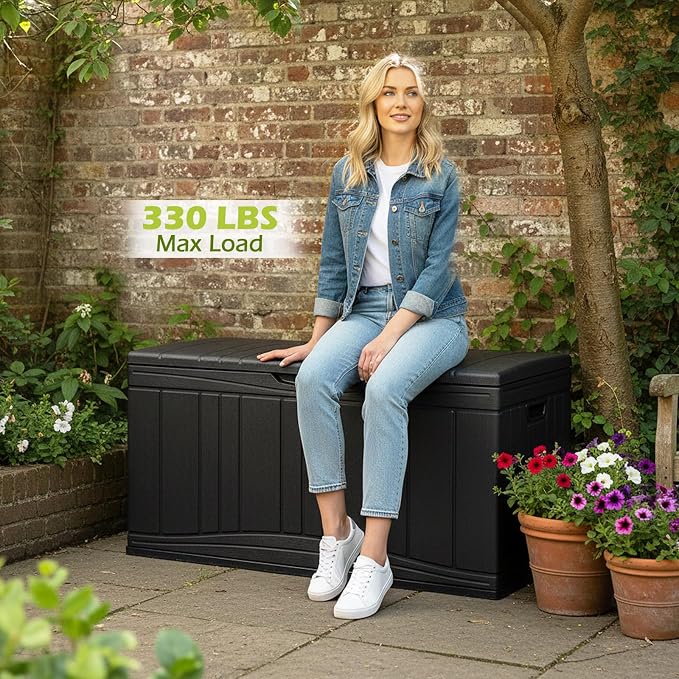 Tangkula 80 Gallon Outdoor Storage Box, Large HDPE Resin Patio Storage Box with Gas Struts & Lockable Lid, 2-in-1 Waterproof Deck Box for Package Delivery, Garden Tools, Outdoor Cushions