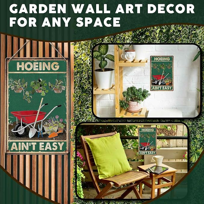 PEACHGARDEN Funny Garden Signs Hoeing Ain't Easy Gardening Gifts for Women Garden Decor for Outdoor Yard Art Patio Wall Decor 8x12 inch