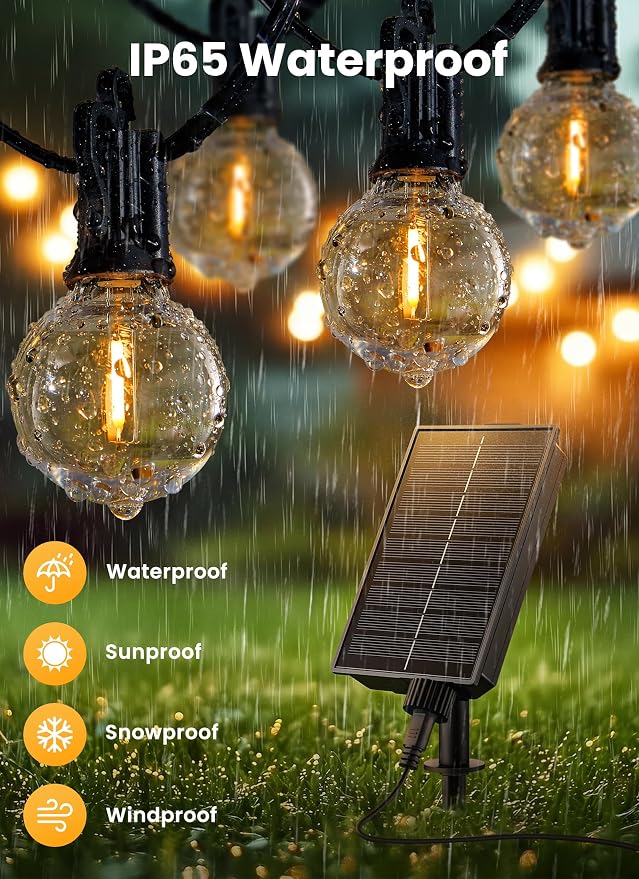 Brightown 58FT 26LED Solar String Lights Outdoor with Remote & USB Port, Shatterproof Bulbs, Dimmable & Timable, 3 Modes, Patio Lights with Mount Clips for Backyard Garden Decor - Last for 36+Hrs