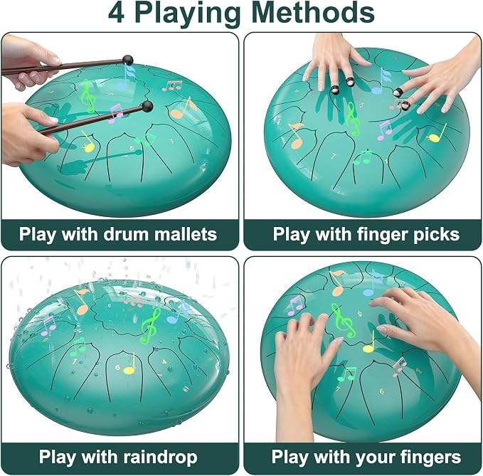 D Major Steel Tongue Drum Handpan, 12 Inch 13 Note Rain Drum for Outside Garden, Meditation Rain Chime, Musical Percussion Instrument for Adult Gift with Bag, Music Book, Drum Mallets (Lake Blue)