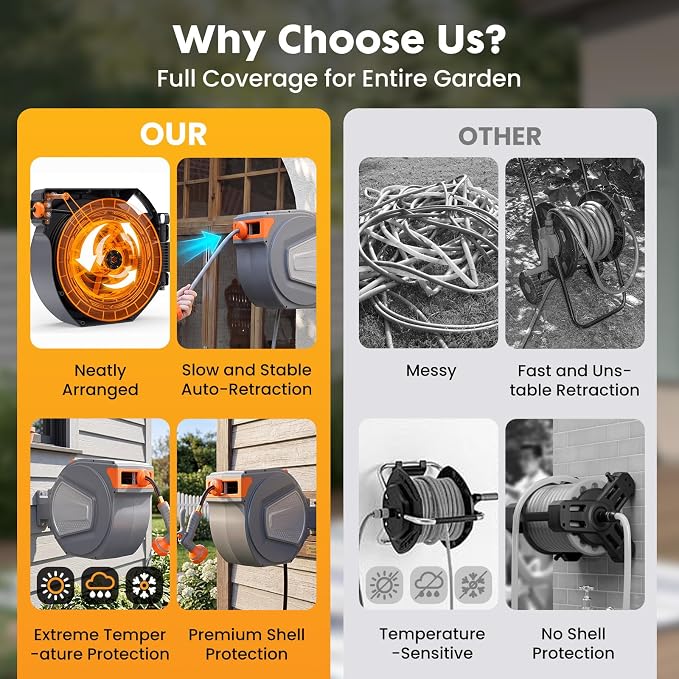 NEWBULIG Garden Hose Reel, 1/2" x 65 ft Retractable Heavy Duty Water Hose Reel with 9 Pattern Nozzle, Slow Retract System, 180° Swivel Wall Mount for Outside Yard Cleaning