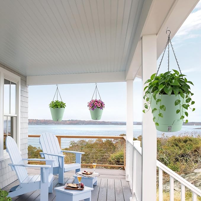 8 Inch Hanging Planters Indoor Outdoor, 3 Pack Plastic Self Watering Plant Pots with Drainage Holes & Saucers, Hanging Baskets Flower Pots with Chain for Ivy, Spider Plant, Pothos, Ferns