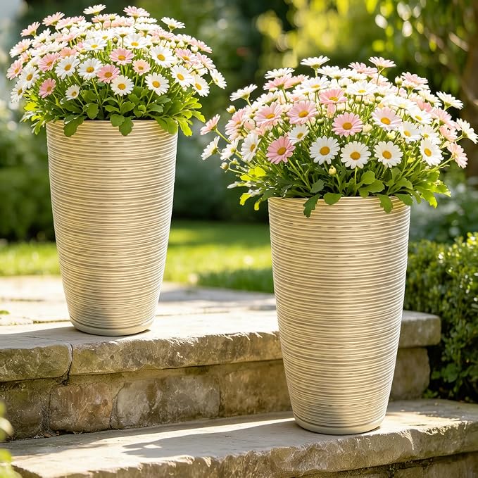 23.5" Ivory Speckled Tall Planters Set of 2 with Drainage Holes | Large Tapered PP Plastic Pots With Vertical Stripe Texture For Indoor and Outdoor Plants, Patio, Garden, Porch, or Entryway