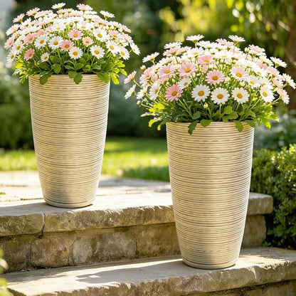 23.5" Ivory Speckled Tall Planters Set of 2 with Drainage Holes | Large Tapered PP Plastic Pots With Vertical Stripe Texture For Indoor and Outdoor Plants, Patio, Garden, Porch, or Entryway