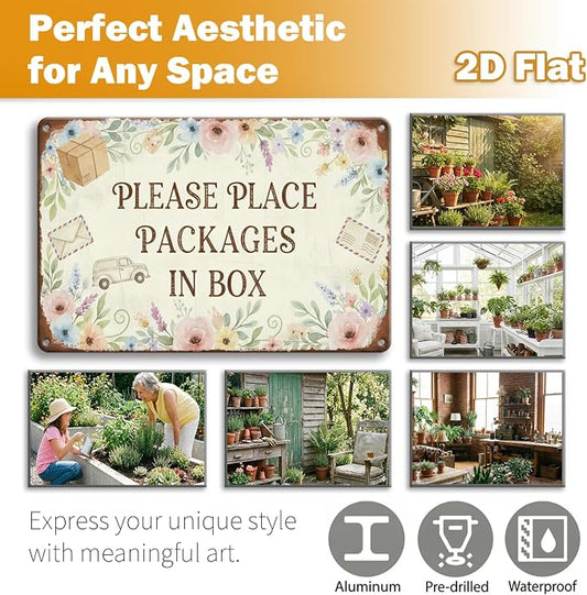 Garden Decor Delivery Sign Please Place Packages in Box Porch Decor | Homeowners • Front Door Display • Garden Theme • Floral Rustic Style • UV Printed • 8x12 Inch