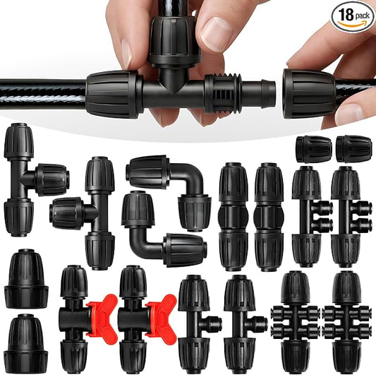 Carpathen Drip Irrigation Parts - Set 18PCS 1/2 and 1/4 inch Fittings Kit for Quick Connect System - Leak Free Accessories Connectors - Tees, Elbows, End Plugs, 4Way 2Way and 1Way Coupling, Splitters