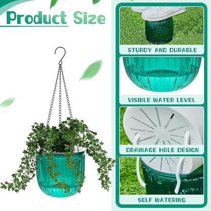 Meanplan 4 Pcs Self Watering Hanging Planter Indoor 6.5 Inch Hanging Baskets for Plants Outdoor Plastic Flower Pot with 3 Hooks Chains Drainage Holes for Garden Home, Medium Size(Emerald)