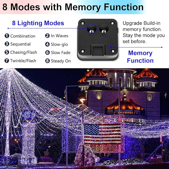 4th of July Patriotic Decorations, Red White Blue Solar Fairy String Lights Outdoor Waterproof, 2Pack Total 200LED 66Ft, IP67 8 Modes Outside for Memorial Day, Garden, Patio, Yard