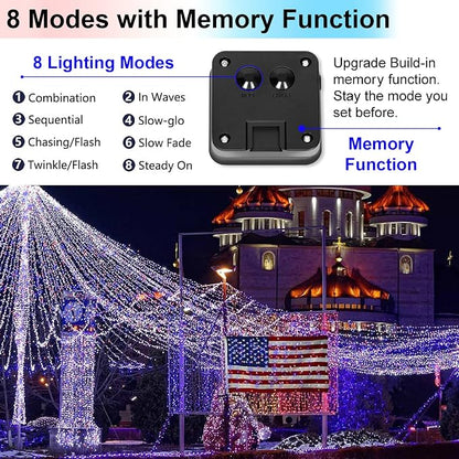 4th of July Patriotic Decorations, Red White Blue Solar Fairy String Lights Outdoor Waterproof, 2Pack Total 200LED 66Ft, IP67 8 Modes Outside for Memorial Day, Garden, Patio, Yard