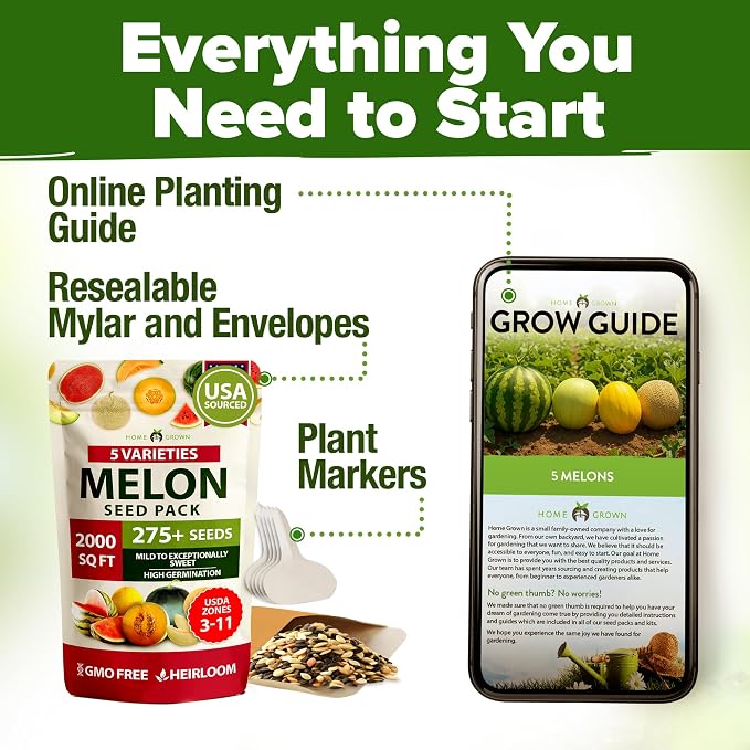 HOME GROWN Melon Seeds 5 Variety Mix 115+ Heirloom Non-GMO, High Germination, Watermelon Sugar Baby, Cantaloupe, Honeydew, Sweet & Juicy Summer Fruit, Indoor Outdoor Garden (Cucumis melo/Citrullus)