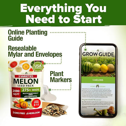 HOME GROWN Melon Seeds 5 Variety Mix 115+ Heirloom Non-GMO, High Germination, Watermelon Sugar Baby, Cantaloupe, Honeydew, Sweet & Juicy Summer Fruit, Indoor Outdoor Garden (Cucumis melo/Citrullus)