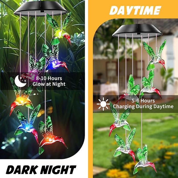 Hummingbird Solar Wind Chimes for Outside Color Changing | Hanging Decor for Outside,Waterproof Wind Chime, Best Gifts for Mom Grandma Women Wife Aunt Sister,Garden Yard Decor Green