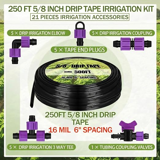 Tondiamo 250' 5/8 Inch Drip Tape Irrigation Tubing Kit 16 Mil 6" Spacing Garden Hose Watering Tube Line Automatic Equipment for Garden Irrigation System Farms, Landscape, Lawn