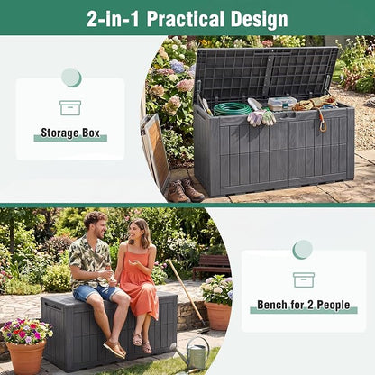 Tangkula 100 Gallon Outdoor Storage Box, Waterproof PP Resin Patio Storage Box with Lockable Lid for Indoor & Outdoor Use, 2-in-1 Rattan Design Deck Box for Cushions, Garden Tools