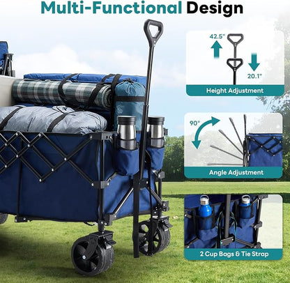 OLIXIS 49" Extra Long Folding Wagon Cart, 440LBS Heavy Duty Collapsible Wagon with Big All-Terrain Wheels, 250L Portable Outdoor Utility Cart for Shopping, Garden, Camping, Grocery, Sports - Blue