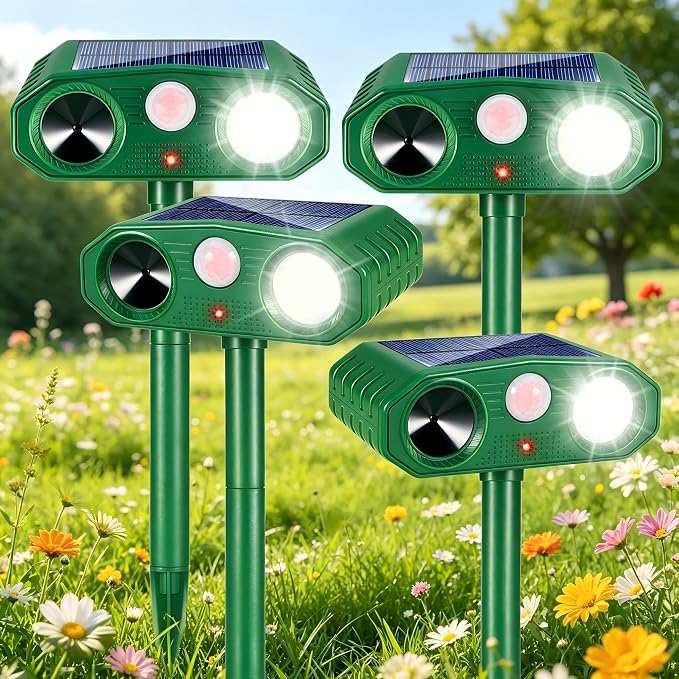 4 Pack Solar Ultrasonic Animal Repeller Outdoor,Deer Repellent Outdoor & Cat Deterrent Outdoor, Effective Against Birds, Cats, Squirrels, Deer,Coyote, Raccoons,Rabbit Wild Animal Deterrent for Garden