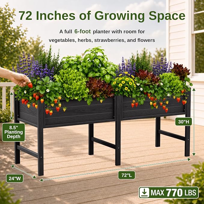 YEFU 72" Large Raised Garden Bed, Wood-Look HIPS 6ft Extra Large Bed, Black | Extra Large Garden Bed for Backyard Growing, 6ft Design, Wood-Look HIPS, Drainage, 770 lbs High Capacity Support