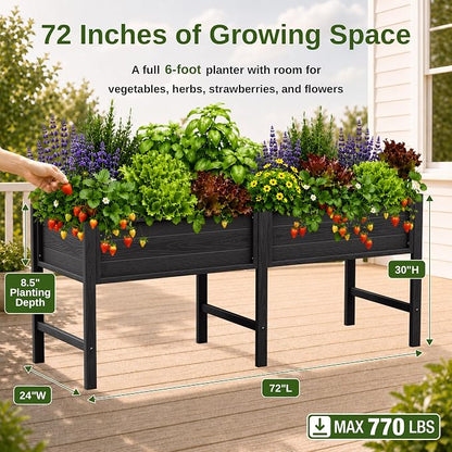 YEFU 72" Large Raised Garden Bed, Wood-Look HIPS 6ft Extra Large Bed, Black | Extra Large Garden Bed for Backyard Growing, 6ft Design, Wood-Look HIPS, Drainage, 770 lbs High Capacity Support
