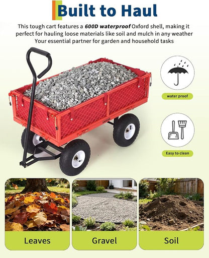 Garvee Versatile Outdoor Utility Cart-400LBS Heavy-Duty, 10" All-Terrain Pneumatic Tires, Easy Maneuverable Lawn Cart with Removable Mesh Panels for Gardening&Landscaping, Red, with Waterproof Liner