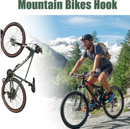 Bike Hook 2 Pack, Max 3 Inch for Mountain Bike eBike, 110 lbs Weight Capacity, with Extra Helmet Hook, Heavy duty Wall mount Bicycle Rack for Garage Storage
