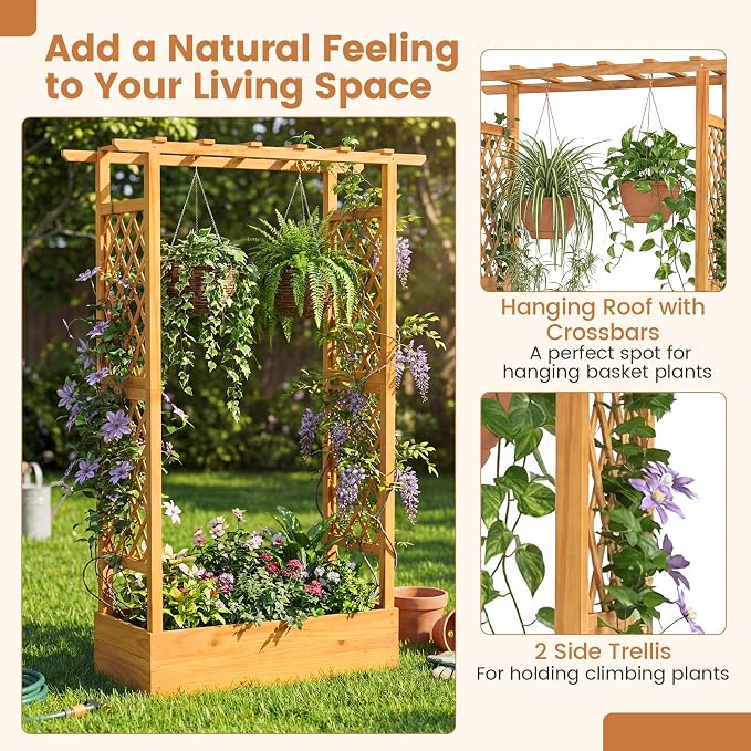 Happygrill 70" Raised Garden Bed with Trellis, 2 Pack Wood Planter Box w/Hanging Roof, 2 Side Trellises, Open-Ended Base for Flower, Climbing Plant, Plant Container for Garden