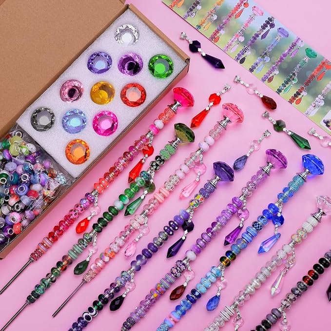 AIPRIDY DIY Crystal Beaded Fairy Wand Garden Stakes Kit, Colorful Decorative Wands with Assembly Guide, 12 or 10 Inch Threaded Rods,Outdoor Garden Decoration Set (238, Rainbow+Diamond Top)