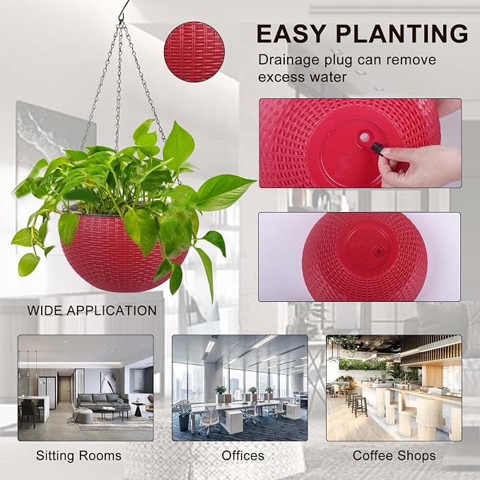 Vencer 11 Inch Round Resin Rattan Hanging Planters,Red,VF-A15-R | Self Watering,Drain Hole,Metal Chain,Water Indicator,Indoor Outdoor