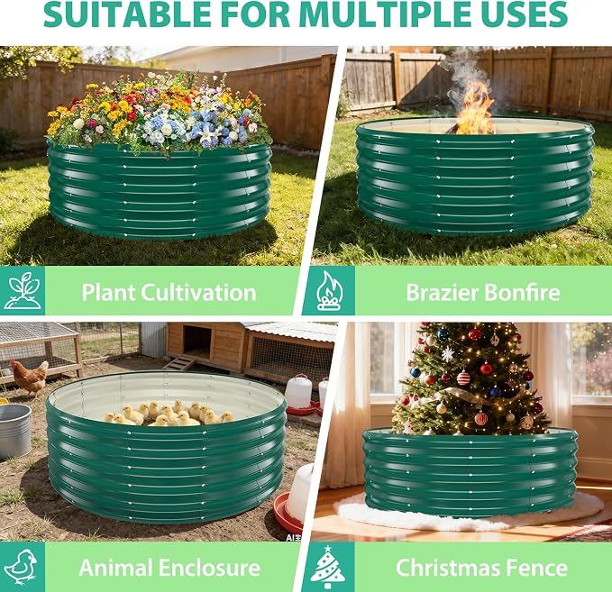 YSEJOMP 17" Tall 48" Diameter Round Raised Garden Bed Kits Outdoor Green | Heavy Duty,Rustproof,Durable & Stylish,1.5 FT Tall,4FT Planter Bed,0.8MM Thick Galvanized Metal Painted,with Gloves,Tool free