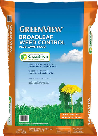 GreenView Weed and Feed 39 lb. Bag, Covers 15,000 sq. ft. | Kills 250 Plus Weeds - 27-0-4 NPK formula - Provides 8 weeks of feeding