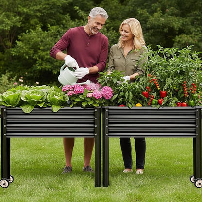 Land Guard 2 Pack Galvanized Raised Garden Bed with Legs & Wheels, 36×12×32in Metal Elevated Raised Planter Box for Backyard, Patio, Balcony, 300lb Capacity, Dark Grey