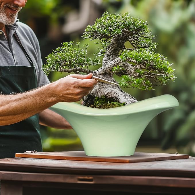 Ceramic Bonsai Pots - Large Succulent Planter 13 Inch Plant Pot Indoor Succulent Pot with Drainage Hole Outdoor Planter Bonsai Tree Pot for House Home Garden Office Decor Green