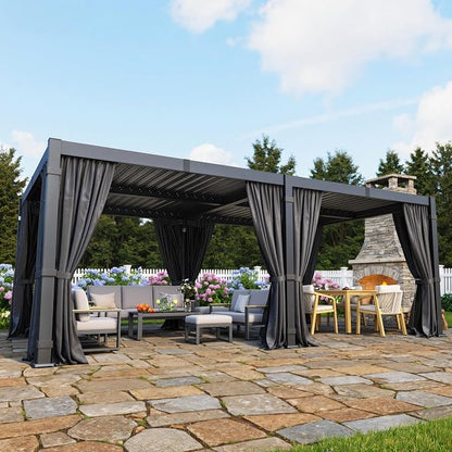 12' x 20' Louvered Pergola, Aluminum Frame Outdoor Pergola with Curtains & Netting, Adjustable Louvered Roof & Integrated Gutter System, Hardtop Patio Gazebo for Backyard, Patio, Garden, Dark Gray