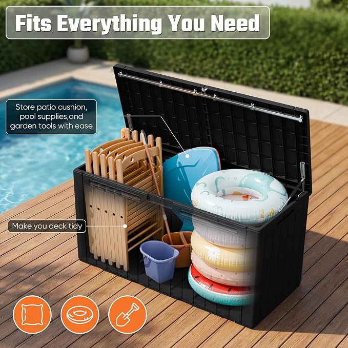 Greesum 110 Gallon Outdoor Storage Box with Lockable Lid, All-Weather for Patio Furniture, Pool Supplies & Garden Tools, Waterproof, UV-Resistant Large Deck Box, Dark Black