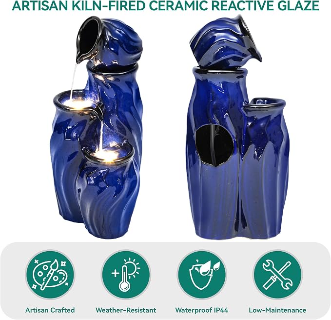 29" Ceramic Water Fountain Outdoor, 4-Tier LED Cascading Waterfall | Dynamic Wave-Texture Garden Fountain with Lights, Serene Relaxing Water Feature for Patio Backyard Decor, Cobalt Blue Glaze