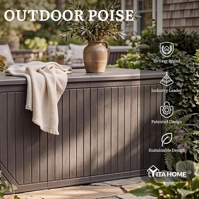 YITAHOME XXL 300 Gallon Extra Large OutdoorDeck Box, Lockable Resin Storage Box and Waterproof Patio Furniture Bin for Garden Tools & Pool Accessories, Brown