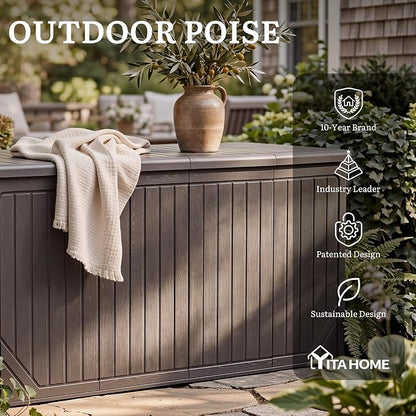 YITAHOME XXL 300 Gallon Extra Large OutdoorDeck Box, Lockable Resin Storage Box and Waterproof Patio Furniture Bin for Garden Tools & Pool Accessories, Brown