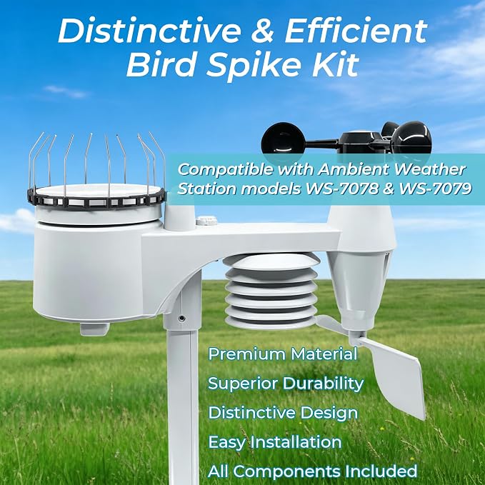 Bird Spikes Compatible with Ambient Weather WS-7078 & WS-7079, Adjustable Weather Station Bird Spike Kit with Stainless Steel Locking Ties and Wires for Rain Gauge Funnel Protection