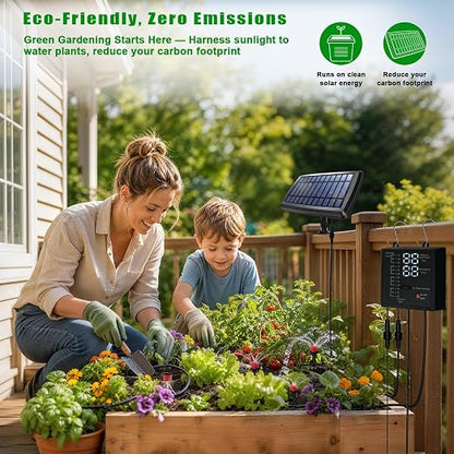 Solar Drip Irrigation System, Auto Watering Kit for 15 Pots, 49FT Hose, Low Water Alarm & Split Solar Panel, One-Button Timer, Self-Watering for Indoor Outdoor Garden Balcony Patio