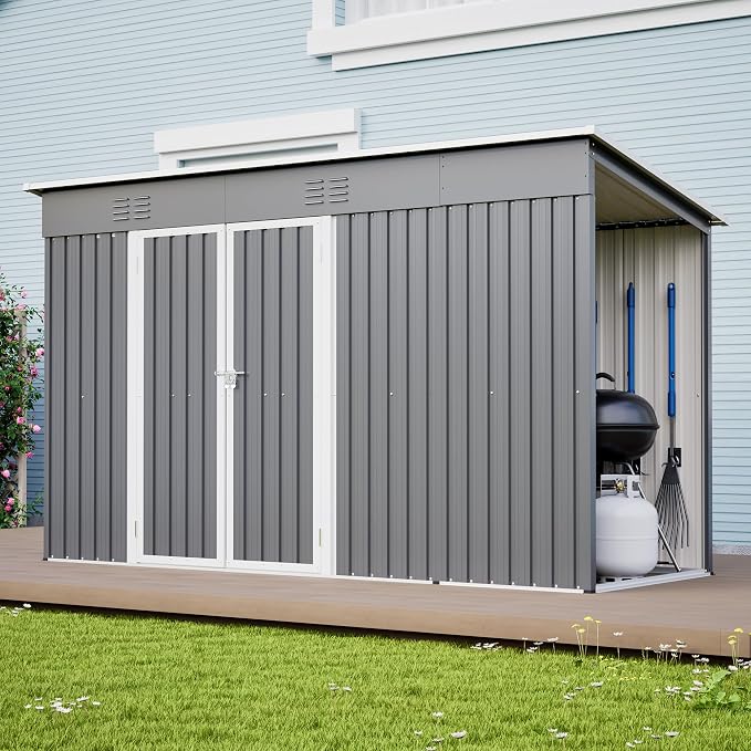 YOPTO 10x4 FT Outdoor Storage Shed, Metal Sheds with Floor Base & Open Firewood Storage,Steel Garden Shed with Lockable Doors,Sloped Roof,Windows, 2 in 1 Large Tool Shed for Patio, Backyard, Lawn.Gray