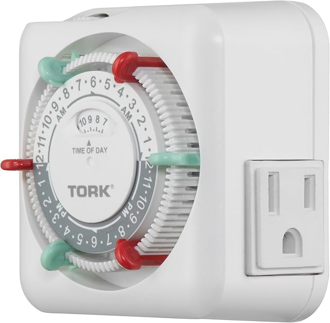NSi Industries TORK RTN312 Indoor 15-Amp Plug-in Heavy Duty Mechanical Appliance Timer 24-Hour Programming – GREEN & RED Trippers TWO Receptacles White