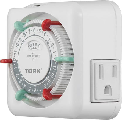 NSi Industries TORK RTN312 Indoor 15-Amp Plug-in Heavy Duty Mechanical Appliance Timer 24-Hour Programming – GREEN & RED Trippers TWO Receptacles White